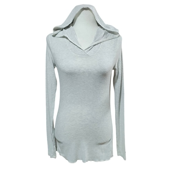 Spiritual Gangster Tops - Spiritual Gangster Womens Beige Ribbed Knit Long Sleeve Hoodie Thumbholes